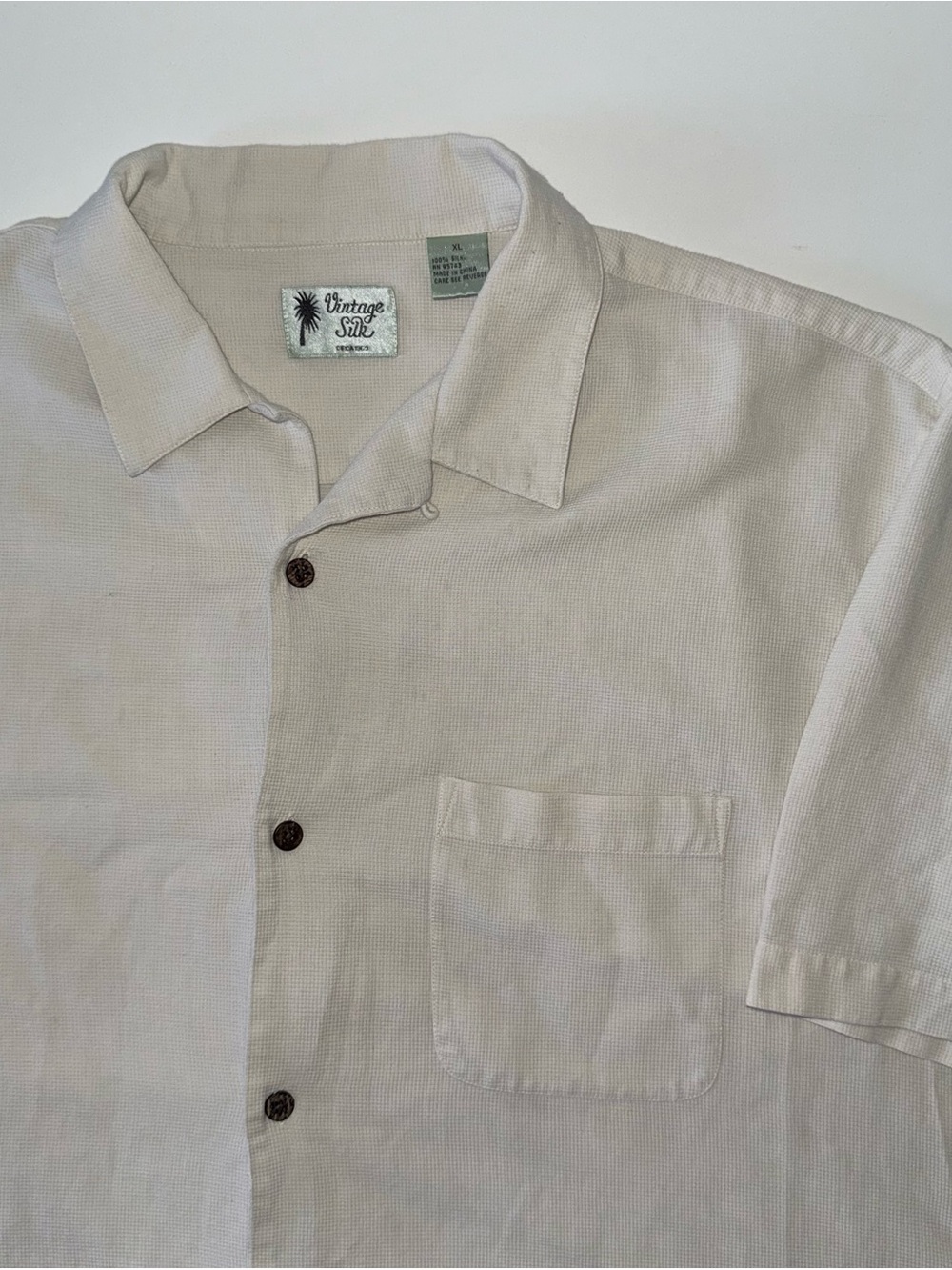 Vintage Silk Men's XL Cream Button Down Shirt Short Sleeve Stretch Lightweight